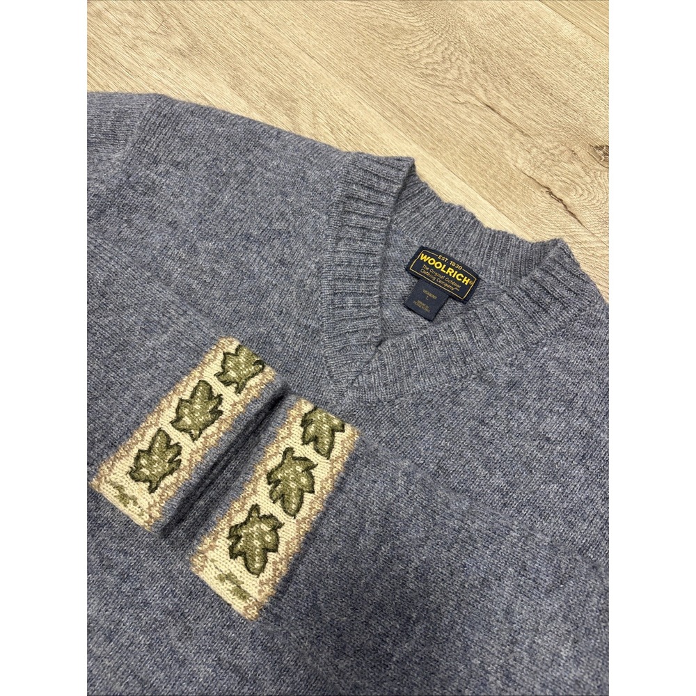 Woolrich V-Neck Sweater 100% Wool Blue Pullover Leaf Trim Women's Large